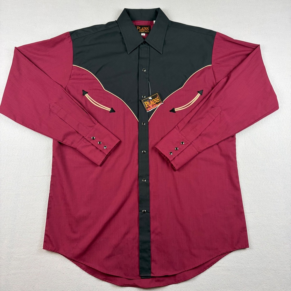 Plains Western Wear Men Medium Pearl Snap Shirt Burgundy Black Two Tone